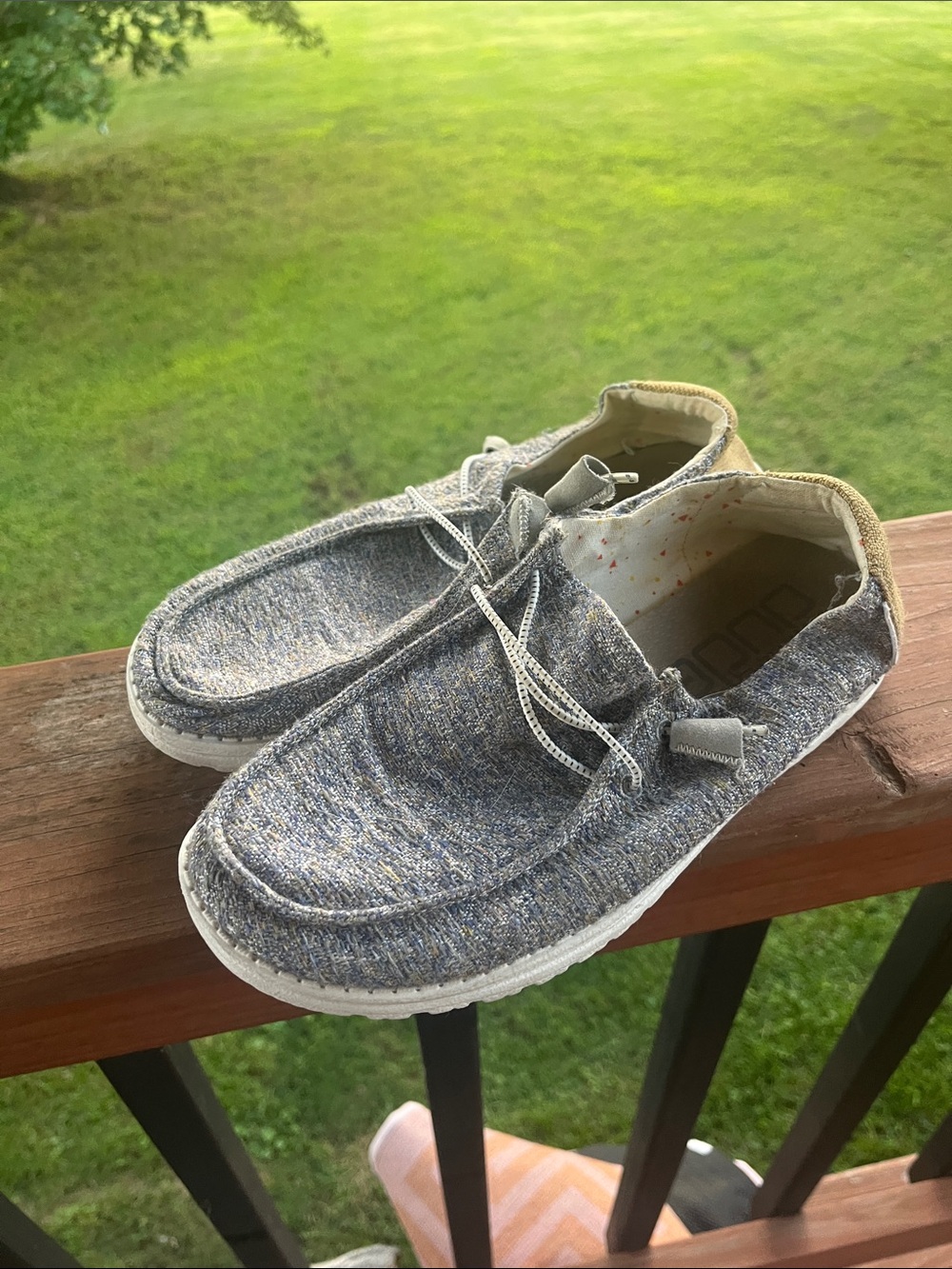 Hey dude, gray and gold shoes